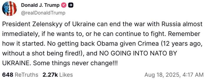 Зеленский может прекратить конфликт "почти немедленно", отказавшись от Крыма и согласившись на невступление Украины в НАТО, заявил Трамп
