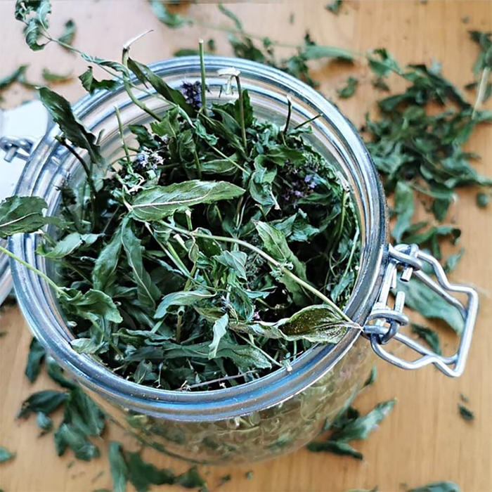 Полностью высушенные листья (мята/мелисса) в стеклянной банке с герметичной клипсой - без влаги и прямого света. Заполняю не до верха (2-3 см воздуха), клею дату и сорт. Лист хрустит и легко крошится - значит, досушено и можно убирать на полку.