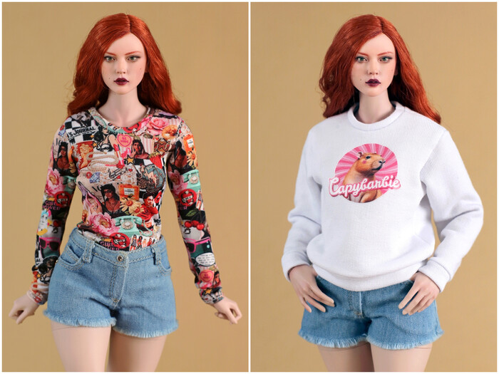 Трикотажные кофточки на куклу 27 см ростом. Мелкие принты специально для кукол.