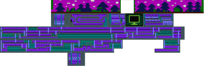 карта уровня 8 - планета Utopia - некоторые комнаты растянуты по ширине, чтобы совместить лифты на уровнях, здесь нужно попасть в самый низ, уничтожить дверь и пройти через неё в верхнюю дверь комнаты наверху