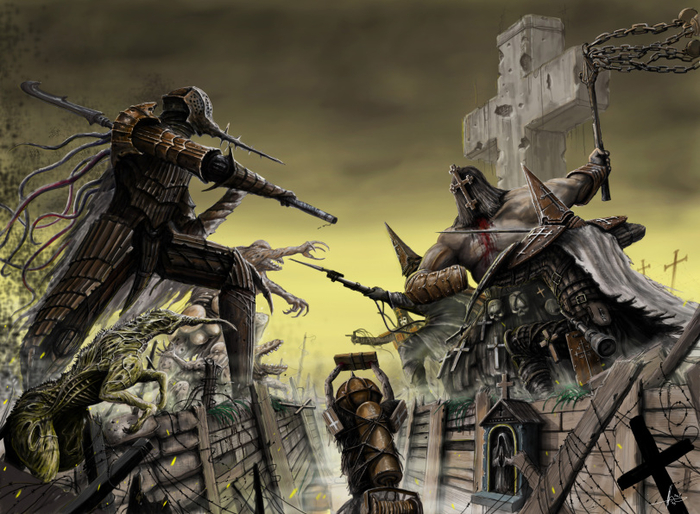 С одной стороны безумные культисты, а с другой не менее безумные священники. А ты сидишь в окопе и охуееваешь, ведь даже самоубийство не поможет ливнуть с катки.