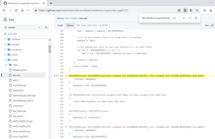 <a href="https://pikabu.ru/story/bitflipping_attack_na_walletdat_riski_ispolzovaniya_aes256cbc_grozit_utechkoy_zakryityikh_klyuchey_bitcoin_core_chast_1_13153470?u=https%3A%2F%2Fgithub.com%2Fkeyhunters%2Fbitcoin%2Fblob%2Fmaster%2Fsrc%2Fcrypto%2Faes.cpp%23L121&t=https%3A%2F%2Fgithub.com%2Fkeyhunters%2Fbitcoin%2Fblob%2Fmaster%2Fsrc%2Fcrypto%2Faes.cpp%23L121&h=338ae94dd1ea27d92f73fdfa93e3a9bbe51dc91f" title="https://github.com/keyhunters/bitcoin/blob/master/src/crypto/aes.cpp#L121" target="_blank" rel="nofollow noopener">https://github.com/keyhunters/bitcoin/blob/master/src/crypto/aes.cpp#L121</a>