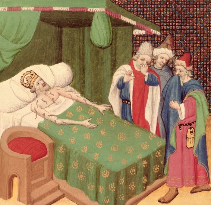 L'uso delle sanguisughe, da Il Decamerone, di Giovanni Boccaccio (1313-75) (pergamena)