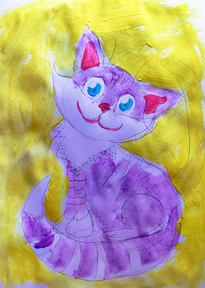 Вот такой котик детскими красками на бумаге