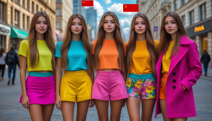 Арбат, Москва, СССР. Где-то в будущем. Но через 1 день после возвращения СССР. Одна или две из этих девушек ещё позавчера прятали свои волосы, а теперь... Красота! Просто красота!