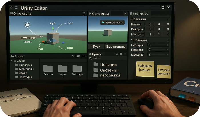 Unity 2D и 3D разработка начинается с освоения базового редактора, потом добавляется программирование и продвинутые фишки.