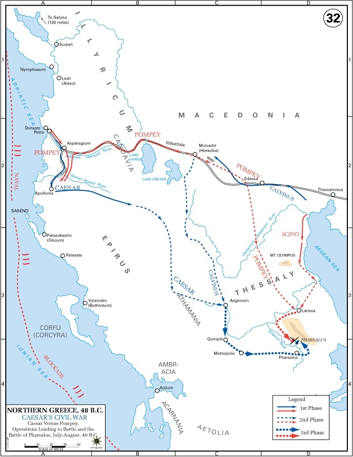 Помпей (красным) преследует Цезаря (синим)