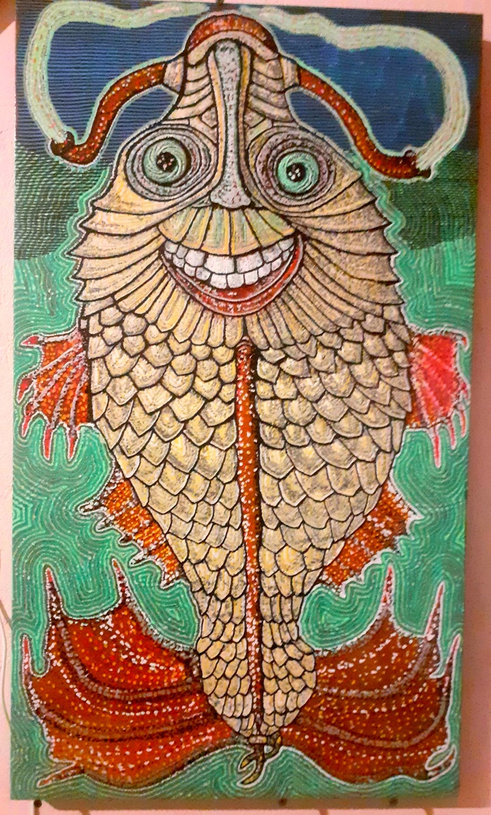 Говорящая Чудо Рыба Неждан Ихтиандровичь, танцует ночью в океане. строймаркеры, столешница от старой телевезионной тумбы.