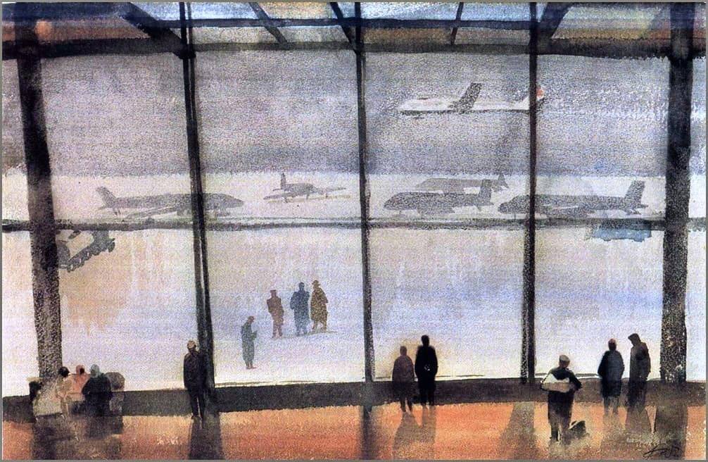 Заринь Индулис Августович «Рейс № 307» 1965 год - СССР, Сделано в СССР, Картина, Живопись, 1965, Аэропорт