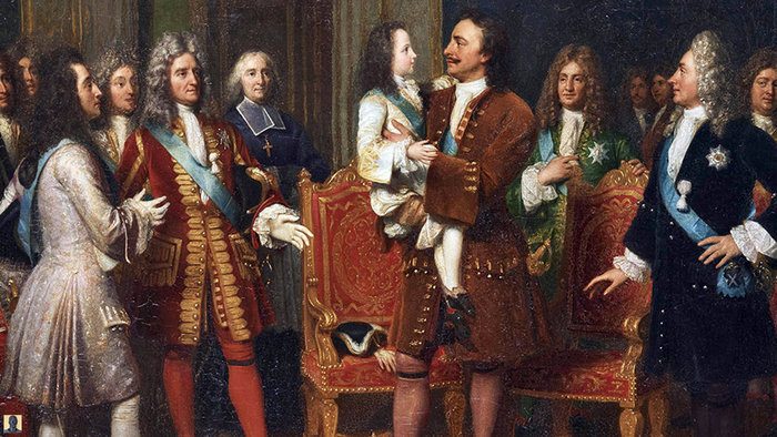 Петр Великий держит на руках юного Людовика XV. Картина Луи Эрсента, 1838 год.