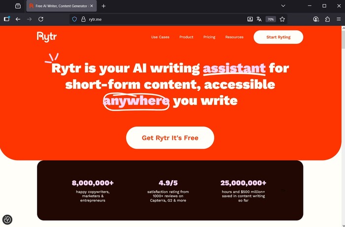 Создавайте маркетинговые тексты и посты для блогов с Rytr, автоматизирующим контент с AIDA-формулами и интеграцией с соцсетями.