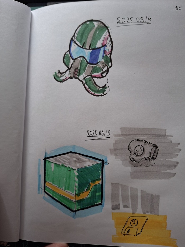 Шлем пилота и какие-то абстрактные зарисовки.