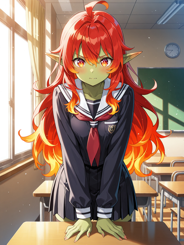 Полуэлементаль? Я хз, возможно, батя-гоблин оттарабанил огненного атронаха