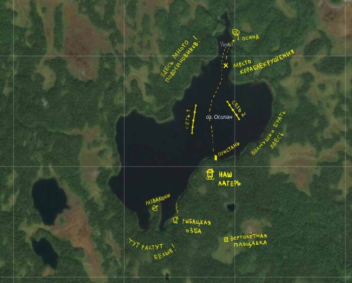 Для тех, кому нравится разглядывать карты и абрисы, выкладываю космоснимок с Осипаном и моими пометками.
