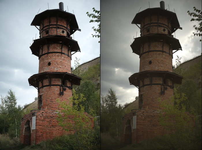 Пример фото после внутрикамерной обработки слева и до обработки фото справа, в Fujifilm X-S10