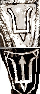 Знаки Рюриковичей на топорике из Шекшова — двузубец и трезубец — реконструкция