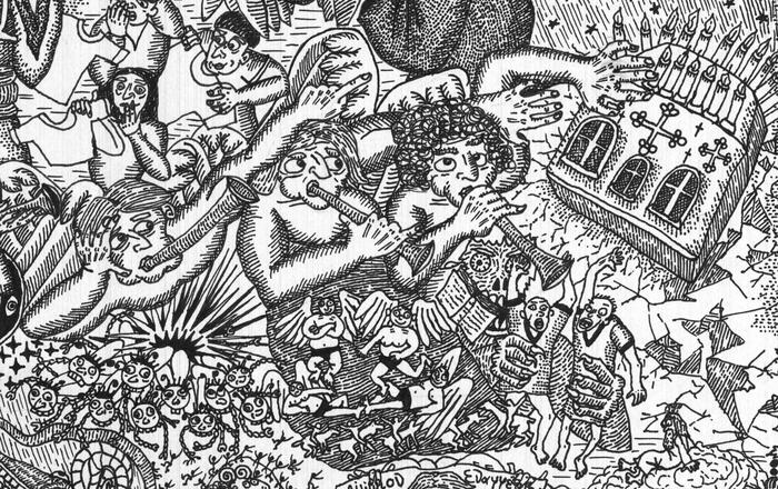 пятый ангел - явление саранчи гигантской, все уничтожающей, с коронами златыми и человеческими лицами (уот так уот). шестой ангел - четыре ангела будут освобождены от плена в священной реке, снизу воинство на конях. Седьмой ангел - падение церквиИерусалима