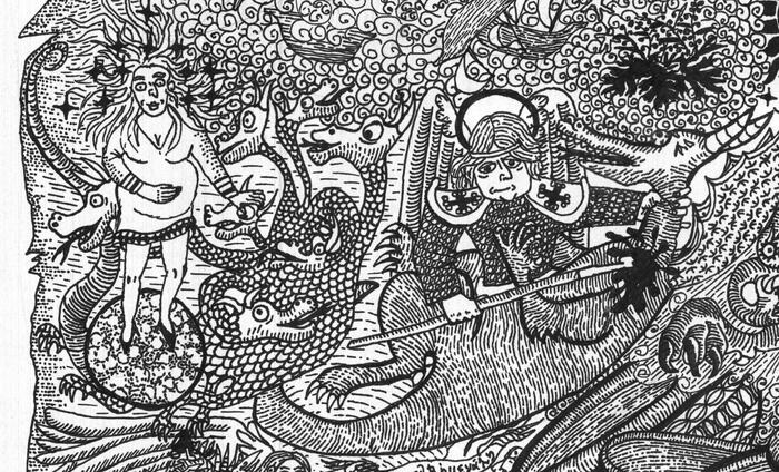 женщина беременная, одетая в солнечный свет, стоит на луне, за ней охотится адский зверь о семи главах. Архангел Михаил побеждает дракона на небе