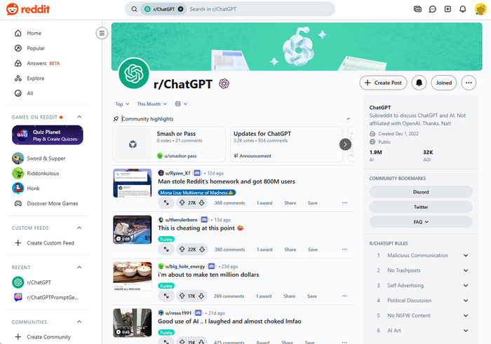 Reddit, раздел куда стекаются новости и мемы на тему ChatGPT со всего мира