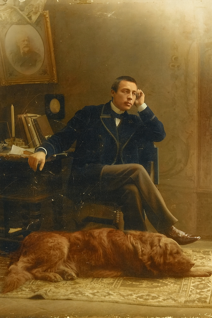 Неизвестный автор. Сергей Рахманинов со своей собакой Левко. 1897–1899.