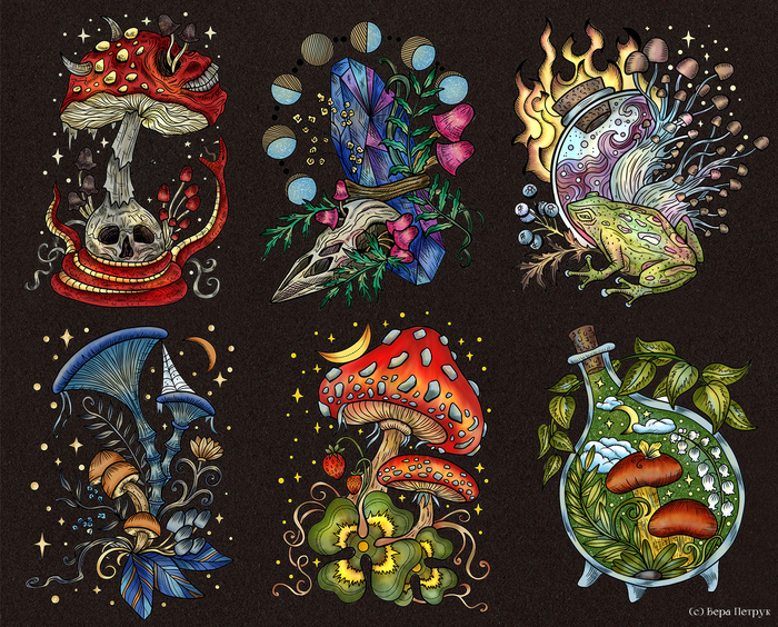 Грибочки - разносол, на вкус, настроение и любителя) Рисовала как набор для наклеек. Красила в Infinite Painter. 