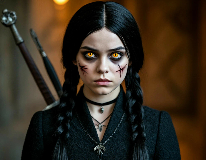 На кой она навесила на себя два меча, в штанах она две пизды держит?