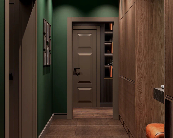 Дизайн интерьера квартиры в ЖК «Дом на Большом Смоленском», прихожая с темными оттенками от студии Artum.