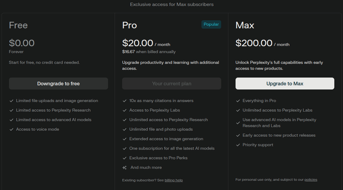 Perplexity: Free, Pro  Max