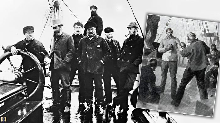 Артур Конан Дойль (третий слева) на борту судна «Эйра», 1880 год. Боксирует со стюардом.