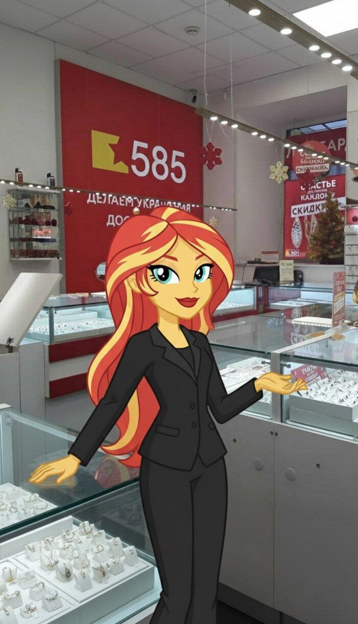 Sunset Shimmer works in a jewelry store. (Сансет Шиммер работает в ювелирке)