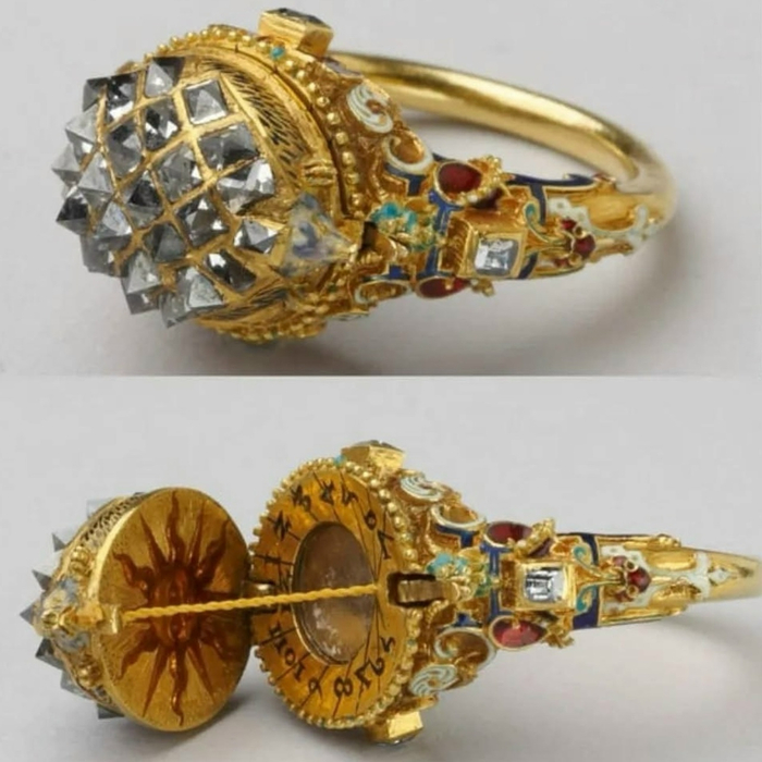 Аугсбургское кольцо с солнечными часами, сверху отделка бриллиантами в виде ежа (1580 год)