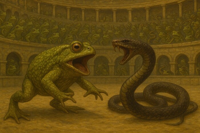 Примерно так получилось сгенерировать через нейронку. Зрители тоже обоих видов.