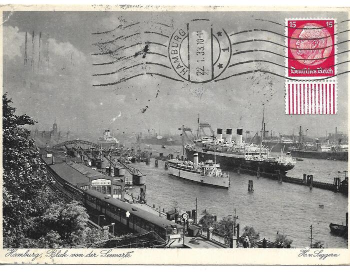 Вид гамбургского порта, обычный почтовый штемпель Гамбурга и стандартная марка (1933 г.).