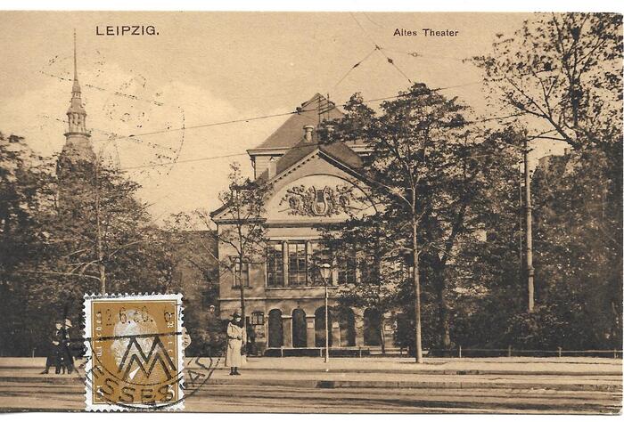 Открытка с видом Лейпцига, стандартная марка погашена штемпелем Лейпцигской ярмарки (Германия 1930 г.).