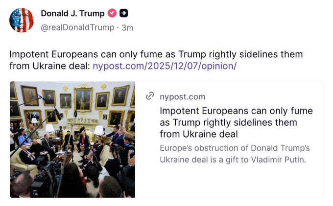 "Импотентные европейцы могут лишь злиться, пока Трамп справедливо отодвигает их от сделки на Украине"