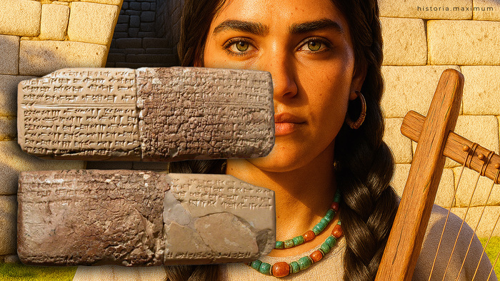 Глиняная табличка с Гимном №6 на фоне входа во дворец Угарита