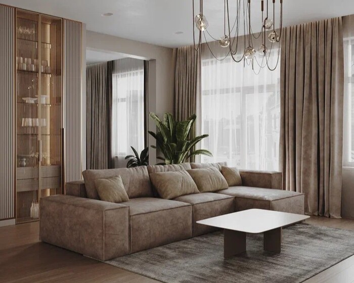 Дизайн интерьера квартиры в ЖК «Наука», гостиная, объединенная с кухней и обеденной зоной — проект студии Artum.