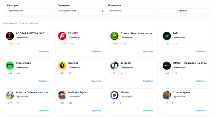 14 приоритетных каналов по разводу людей на деньги. Маленьким каналам по лепке из глины показывают писюн а рулетке и ставкам на спорт дорога открыта в первом ряду. Полностью одобрены государством и гос.услугами.
