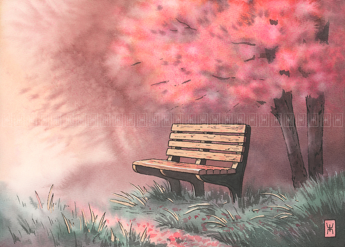 Акварель, хлопковая бумаг А4, линеры.