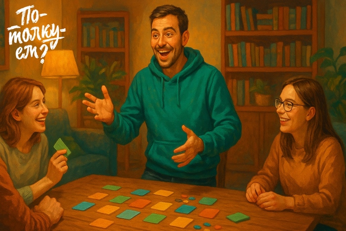 Мужчина в бирюзовом худи увлечённо рассказывает друзьям за столом с карточками