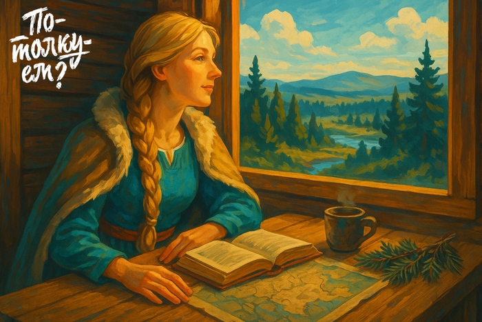 Девушка в сарафане сидит за столом у окна с книгами и картой