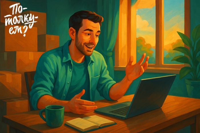 Молодой мужчина сидит за столом среди коробок и смотрит в ноутбук