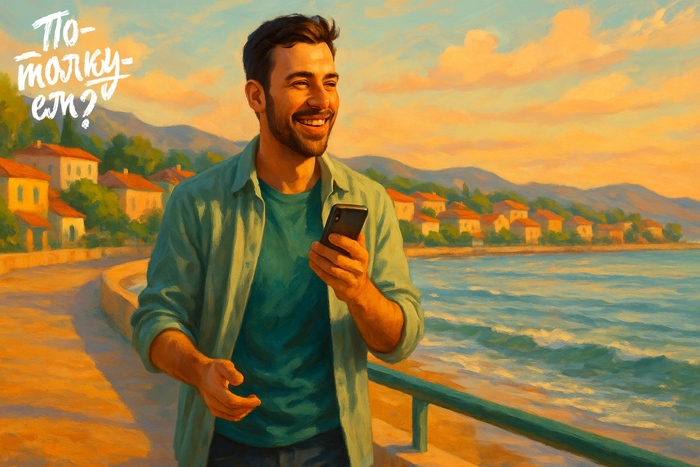 Молодой мужчина стоит на набережной у воды и улыбается собеседнику вне кадра