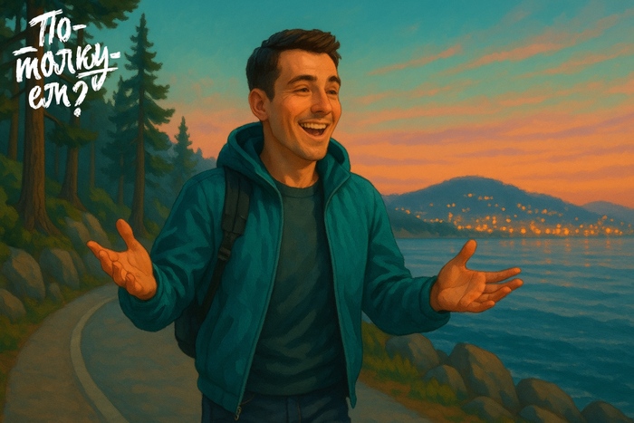 Мужчина идёт по набережной у моря вечером и оживлённо жестикулирует