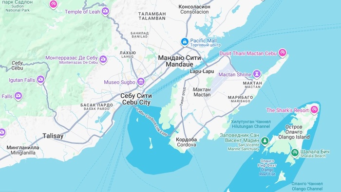 Современная карта. Остров Мактан отделён проливом от Себу, и там правил дату Лапу Лапу.