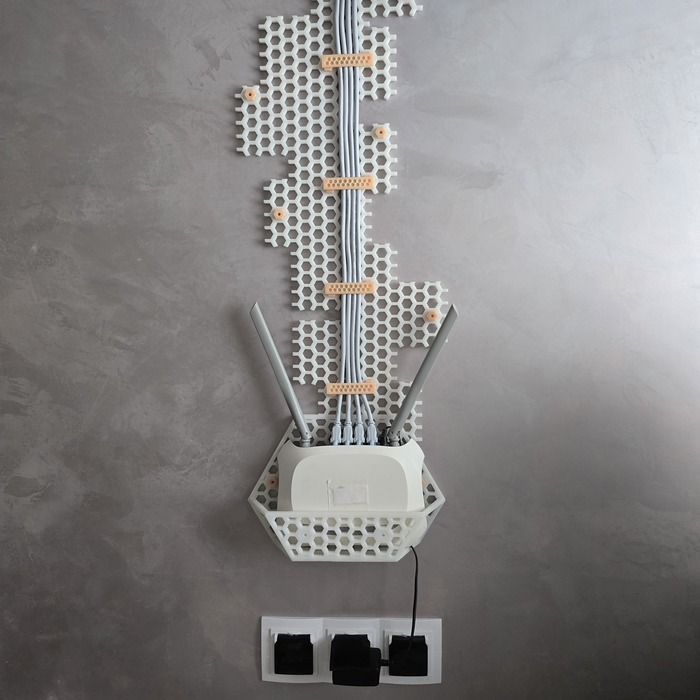 Полка для роутера с креплением кабелей в стиле киберпанк