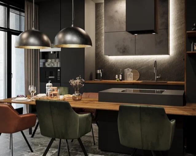 Дизайн интерьера квартиры в ЖК «Московский квартал», кухня в темных оттенках — проект студии Artum.