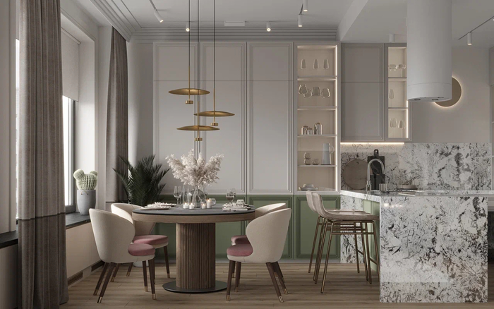 Дизайн интерьера квартиры в ЖК «Квартал Галактика», кухня с обеденной зоной и островом — проект студии Artum.