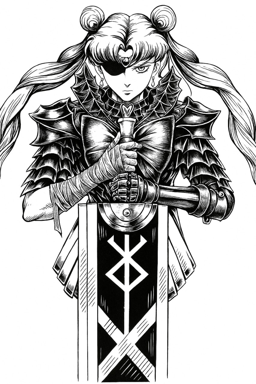 Воин в матроске - Моё, Аниме, Арты нейросетей, Sailor Moon, Берсерк, Кроссовер, Длиннопост