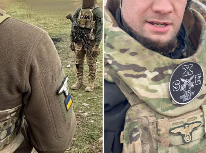 На форме некоторых бойцов, таких как Сезар Ожар, иногда присутствует эмблема орла Третьего рейха. Крайне правые добровольцы лишь заменили свастику на трезубец Украины.